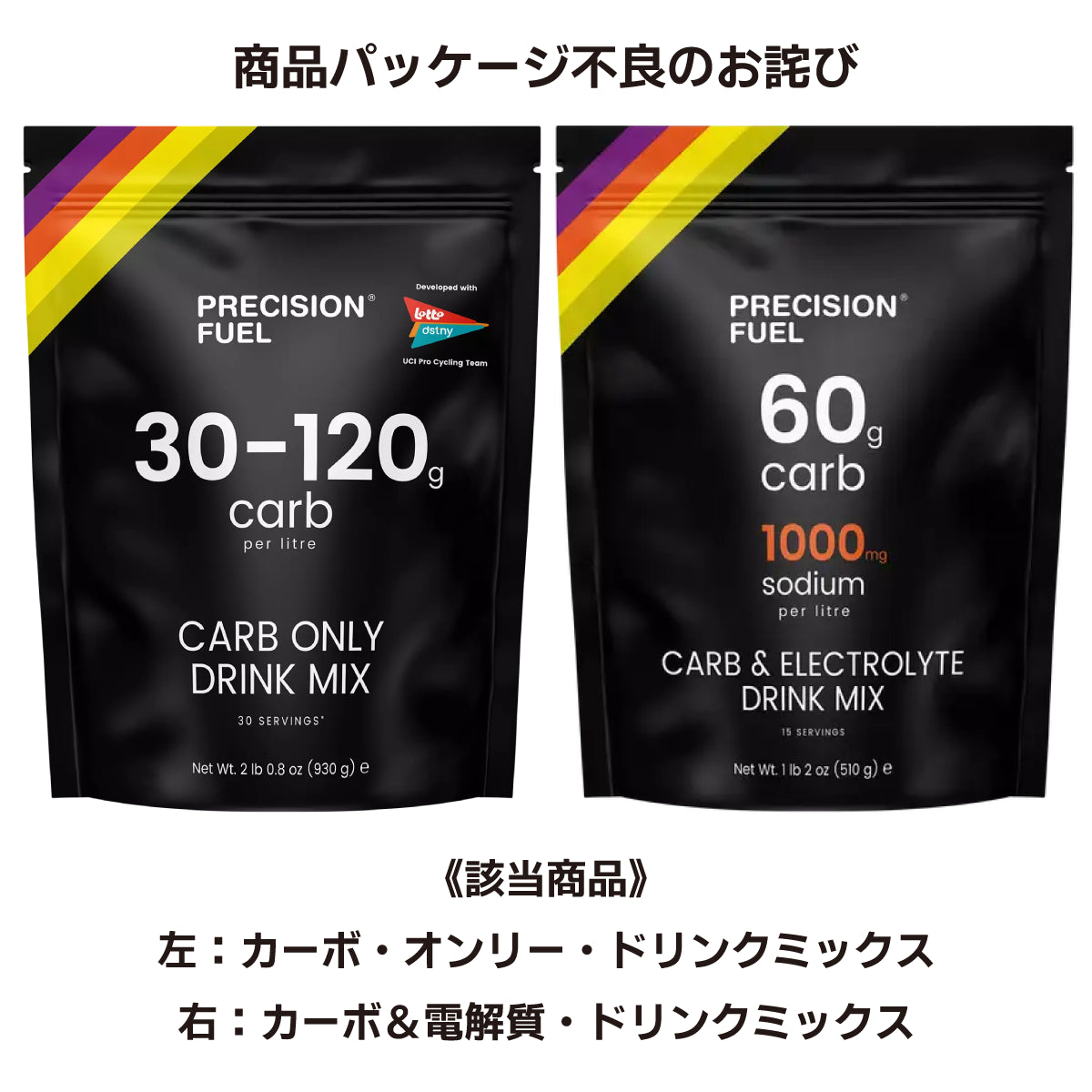 PRECISION（プレシジョン）商品パッケージ不良のお詫び 「カーボ・オンリー・ドリンクミックス｜カーボ＆電解質・ドリンクミックス」